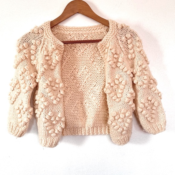 Hand Knit Your Love Cardigan Sweater In Ivory Girl Sz 5/6 - Picture 3 of 14
